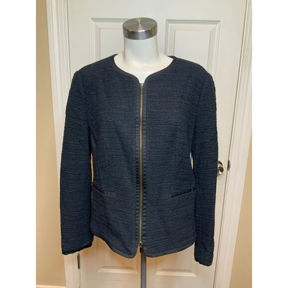 Hugo Boss Koralena Navy Blue Tweed Zip-Up Jacket 2- Way Zipper, Size 14 - Picture 1 of 12